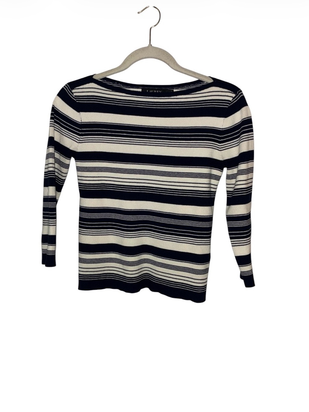 Ralph Lauren Navy Striped Ribbed Boatneck Sweater Sz SP